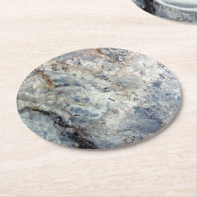 Ice blue white marble stone finish round paper coaster (Angled)