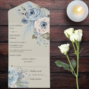 Ice Blue Winter Floral on Sage Green All In One Invitation
