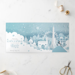Ice Blue Winter in Paris Quinceañera Tri-Fold Invi