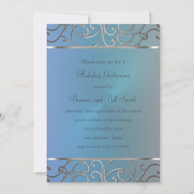 Ice Blues and Silver Holiday Party Invitation (Back)