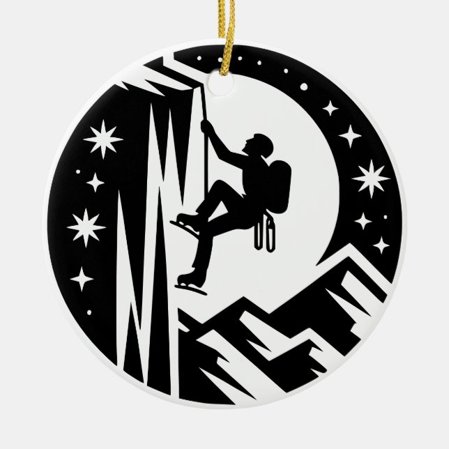 Ice Climber Night Climbing Under Moon and Stars Ceramic Ornament (Front)