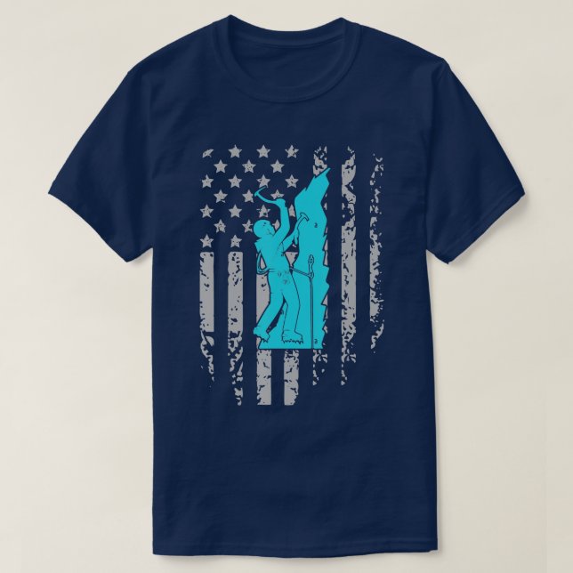 Ice Climbing American Flag Patriotic Winter Sports T-Shirt (Design Front)