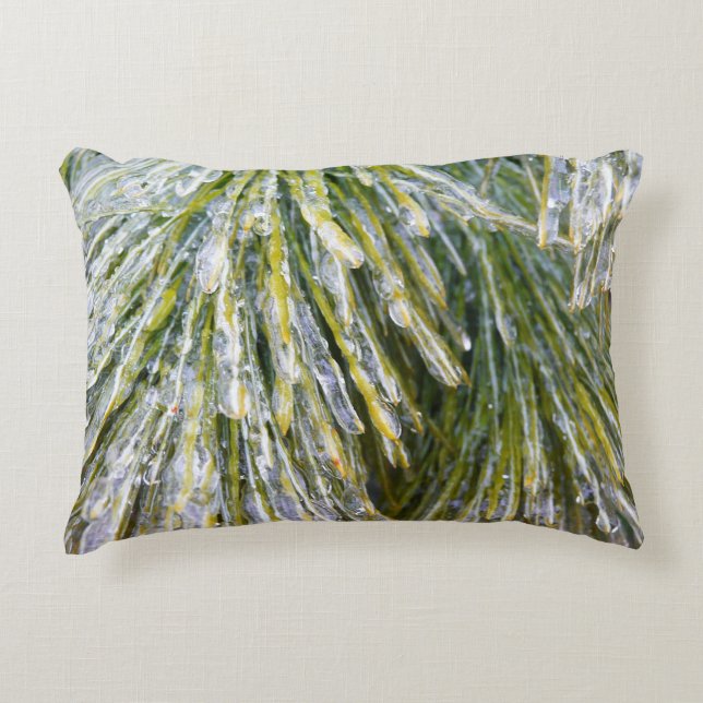 Ice Coated Pine Needles Winter Botanical Decorative Cushion (Front)