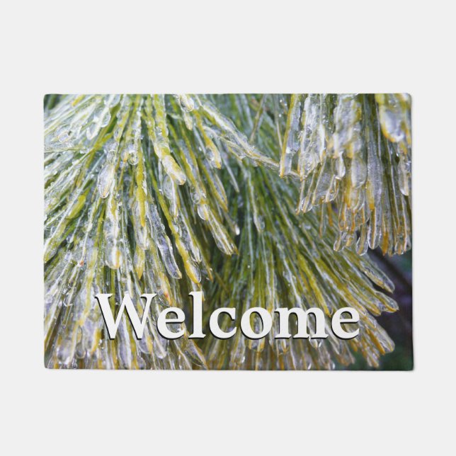 Ice Coated Pine Needles Winter Botanical Doormat (Front)