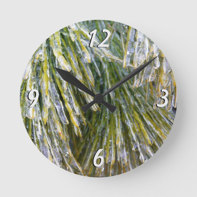 Ice Coated Pine Needles Winter Botanical Round Clock (Front)