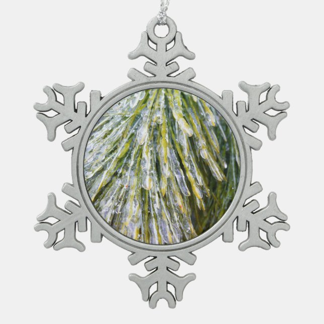 Ice Coated Pine Needles Winter Botanical Snowflake Pewter Christmas Ornament (Front)