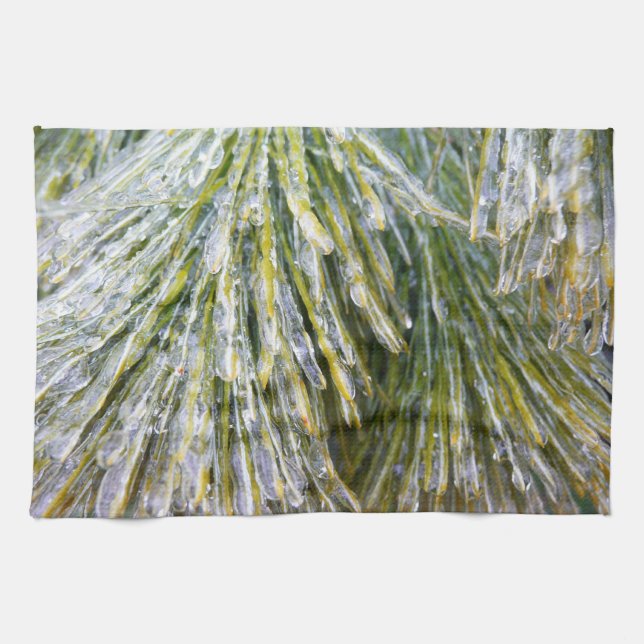 Ice Coated Pine Needles Winter Botanical Tea Towel (Horizontal)