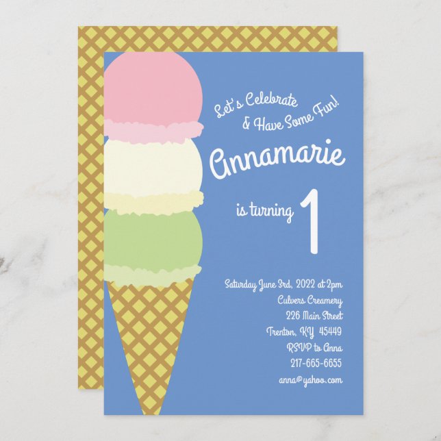 Ice Cream 1st Birthday Cute Invitations (Front/Back)