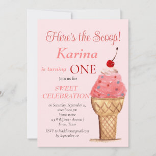 Ice Cream 1st Birthday Girl Pink Watercolor Invitation
