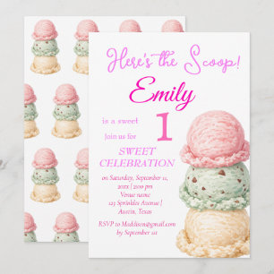 Ice Cream 1st Birthday Girl Pink Watercolor Invitation