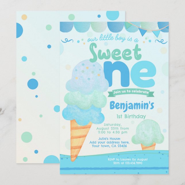 Ice Cream 1st Birthday Party Invitation  (Front/Back)