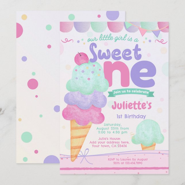 Ice Cream 1st Birthday Party Invitation  (Front/Back)