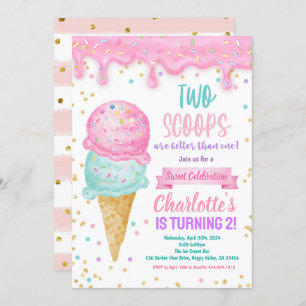 Ice Cream 2nd Birthday Party 2 Scoops Better  Invitation