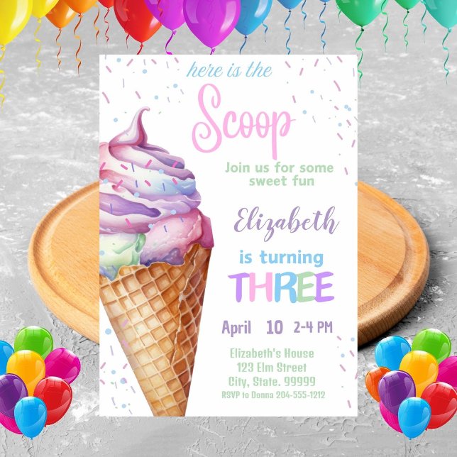 Ice Cream 3rd Birthday Party Invitation (Creator Uploaded)