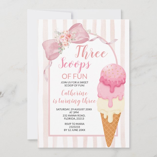 Ice Cream 3rd Birthday Party Three Scoops of Fun  Invitation (Front)