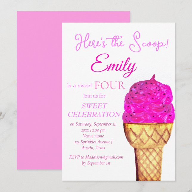 Ice Cream 4th Birthday Girl Pink Watercolor Invitation (Front/Back)