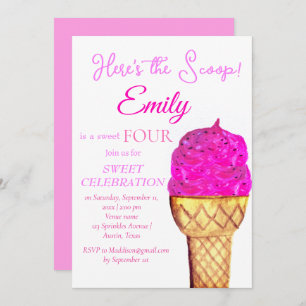 Ice Cream 4th Birthday Girl Pink Watercolor Invitation