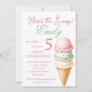 Ice Cream 5th Birthday Girl Pink Watercolor Invitation