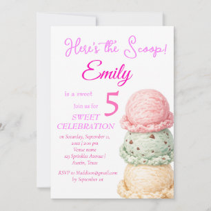 Ice Cream 5th Birthday Girl Pink Watercolor  Invitation