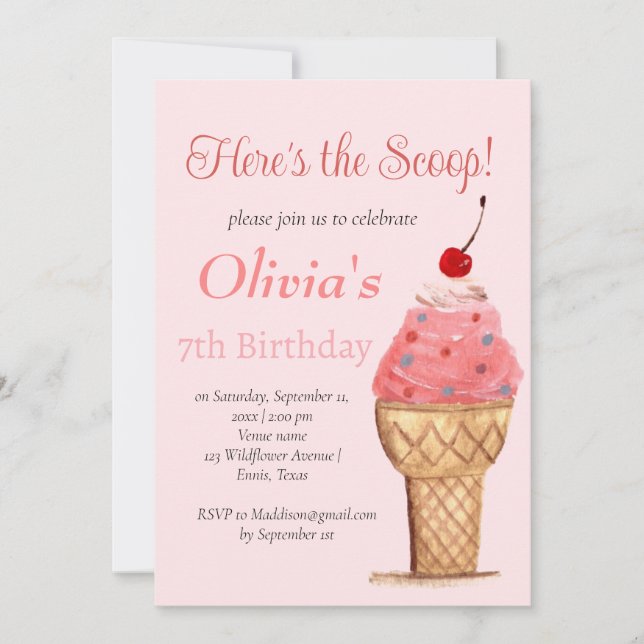 Ice Cream 7th Birthday Girl Pink Watercolor Invitation (Front)