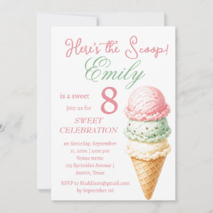 Ice Cream 8th Birthday Girl Pink Watercolor Invitation