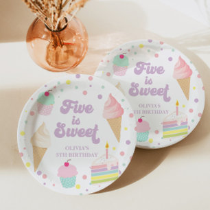 Ice Cream and Cake Five is Sweet 5th Birthday Paper Plate