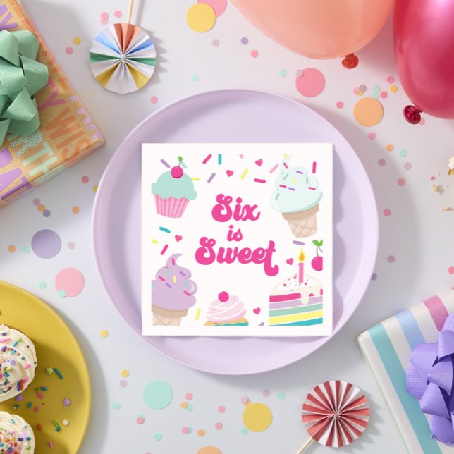 Ice Cream and Cake Six is Sweet 6th Birthday Napkin (Creator Uploaded)