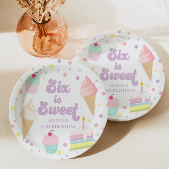 Ice Cream and Cake Six is Sweet 6th Birthday Paper Plate (Creator Uploaded)