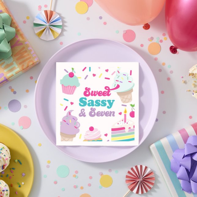 Ice Cream and Cake Sweet Sassy Seven 7th Birthday Napkin (Creator Uploaded)