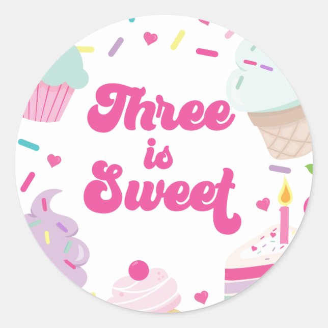Ice Cream and Cake Three is Sweet 3rd Birthday Classic Round Sticker (Front)