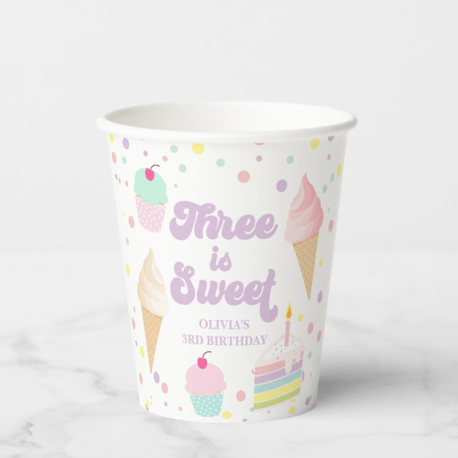 Ice Cream and Cake THREE IS SWEET 3RD Birthday Paper Cups (Front)