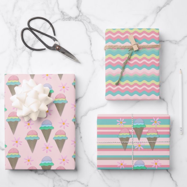 Ice Cream And Daisy Wrapping Paper Sheets (Front)