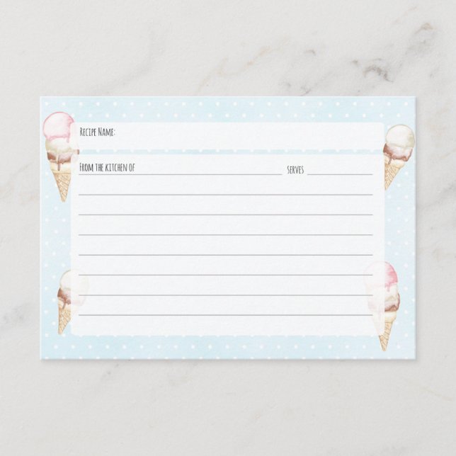 Ice Cream and Polka Dots Blue Recipe Card (Front)