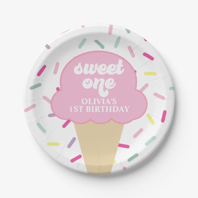 Ice Cream and Sprinkles Sweet One 1st Birthday Pap Paper Plate (Front)