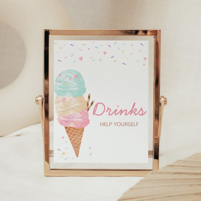 Ice Cream Baby Shower Drinks Poster (Ice Cream Sprinkled with Love Baby Shower Drinks Sign)