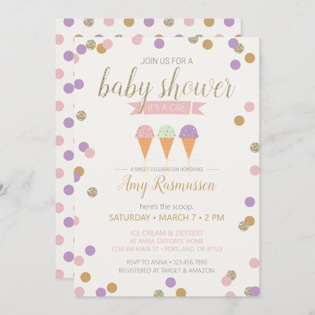 Ice Cream Baby Shower Invitation - It's a Girl (Front/Back)