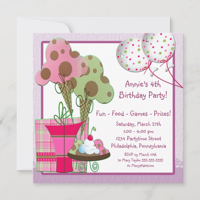Ice Cream Balloons Girls 4th Birthday Party Invitation (Front)