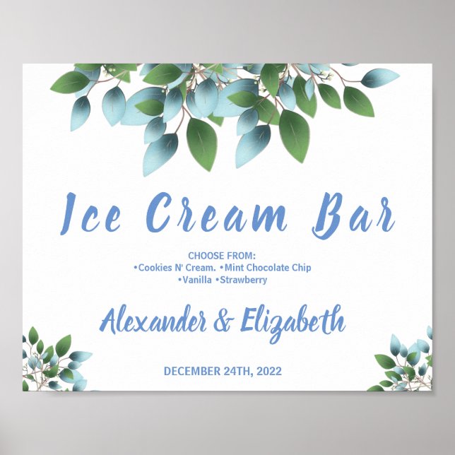 Ice Cream Bar Bridal Shower Wedding Eucalyptu Sign (Front)