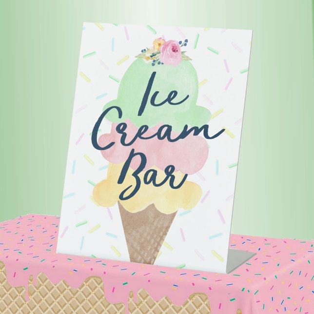 Ice Cream Bar Pedestal Sign (Watercolor Ice Cream Bar Party Pedestal Sign for Birthday, Baby Shower or Scooped Up Bridal Shower)