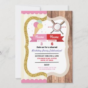 Ice Cream & Baseball Joint Boy Girl Birthday Invitation