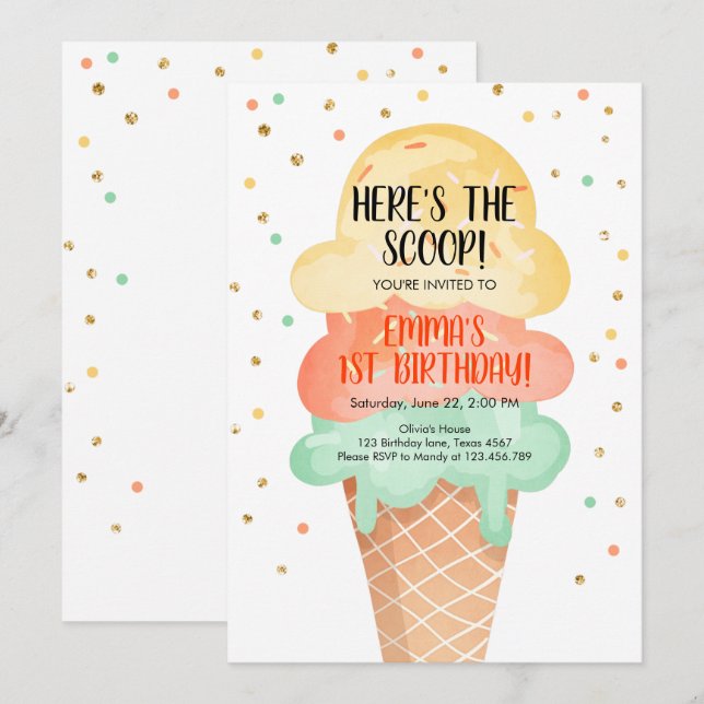 Ice Cream Birthday Here's the Scoop Party Summer Invitation (Front/Back)