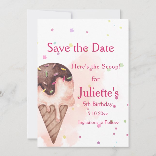 Ice Cream Birthday Invitation, 5th Birthday Save The Date (Front)