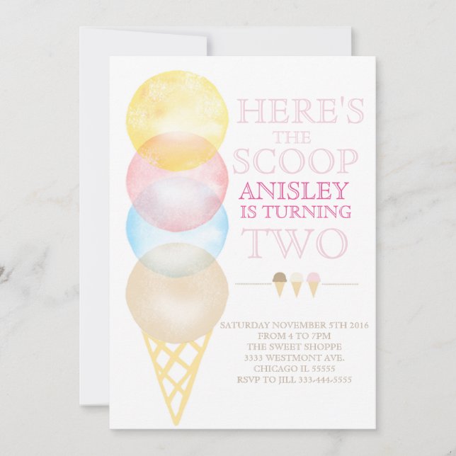 Ice cream birthday invitation, water colour cone invitation (Front)