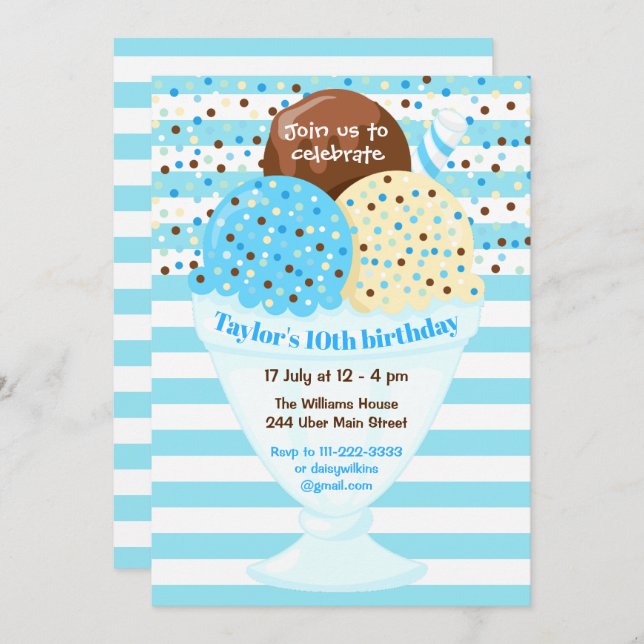 Ice Cream Birthday Party Blue Invitation (Front/Back)