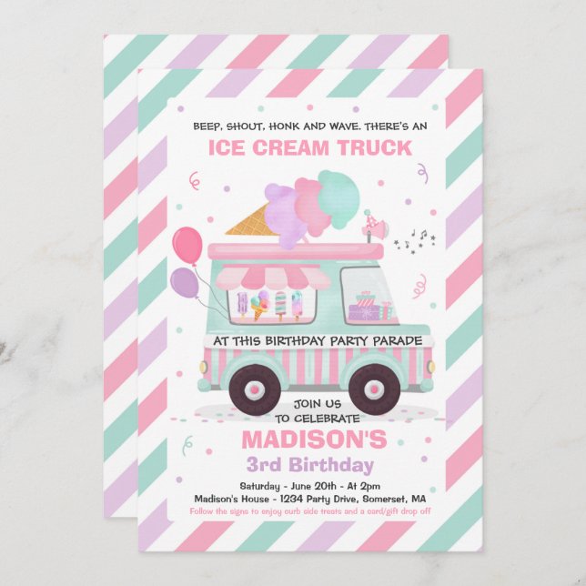 Ice Cream Birthday Party Drive By Birthday Parade Invitation (Front/Back)
