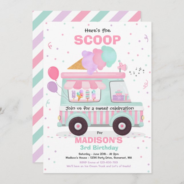 Ice Cream Birthday Party Ice Cream Truck Birthday Invitation (Front/Back)