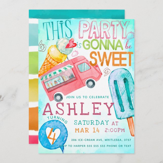 Ice Cream Birthday Party Invitation (Front/Back)