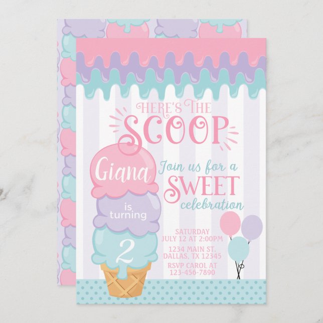 Ice Cream Birthday Party Invitation Snow Cone (Front/Back)