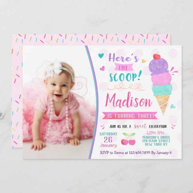 Ice Cream Birthday Party Invitations with Photo (Front/Back)