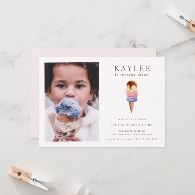 Ice Cream Birthday Party Photo Invitation (Front/Back In Situ)